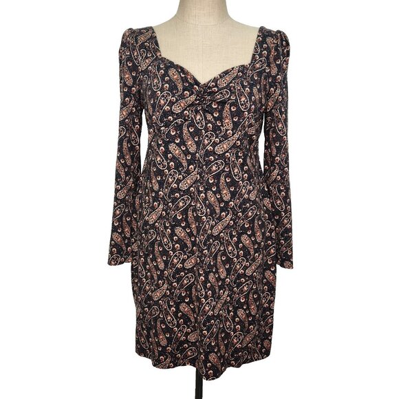 Boden Sweetheart Mini Dress 14R Multi Paisley Blooms Jersey Knit Long Sleeve - Picture 1 of 10